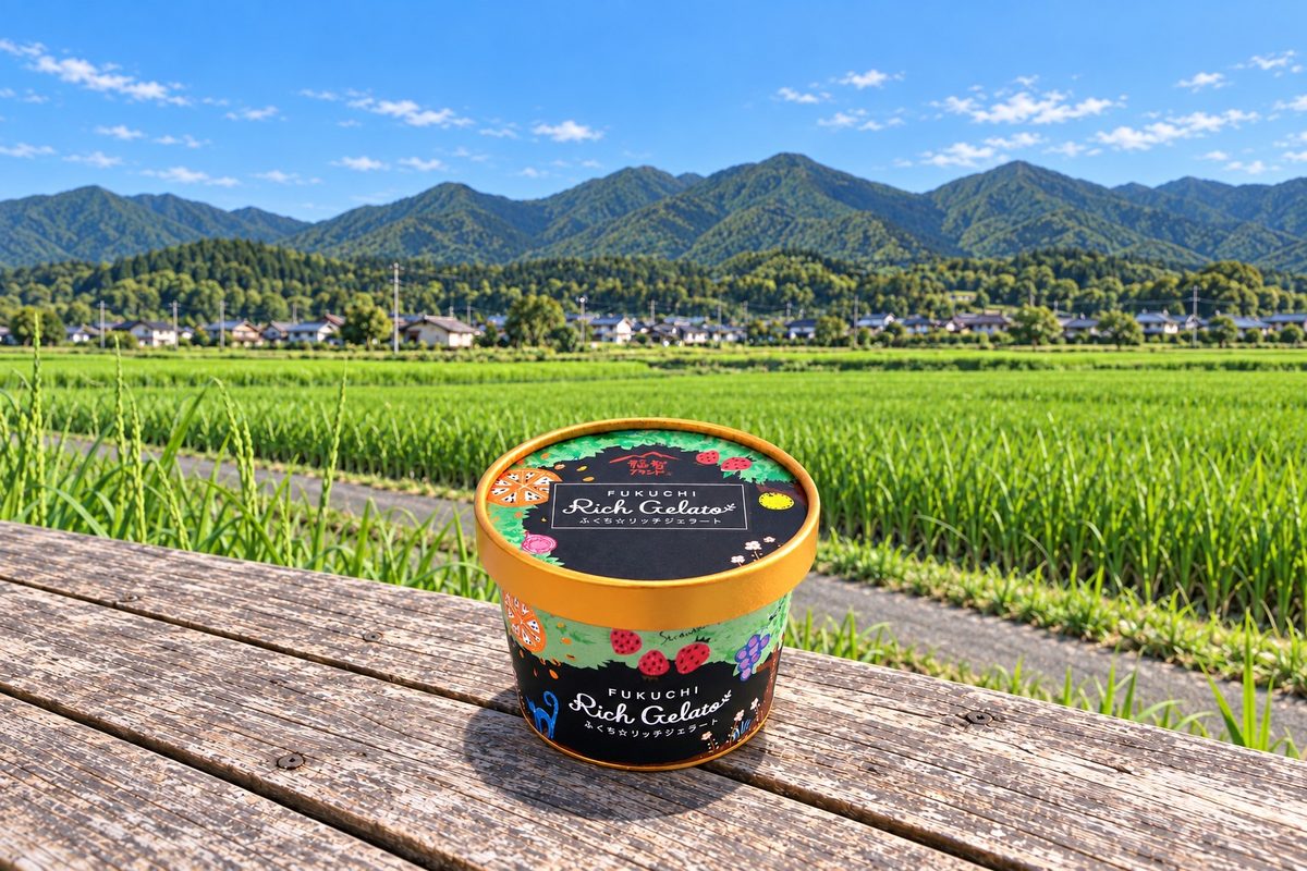 田んぼと山を背に、木の台に置かれたふくち☆リッチジェラートのカップ